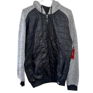 Mens hiking jacket by Montfort, XL NWT black lightweight puffer grey sleeves